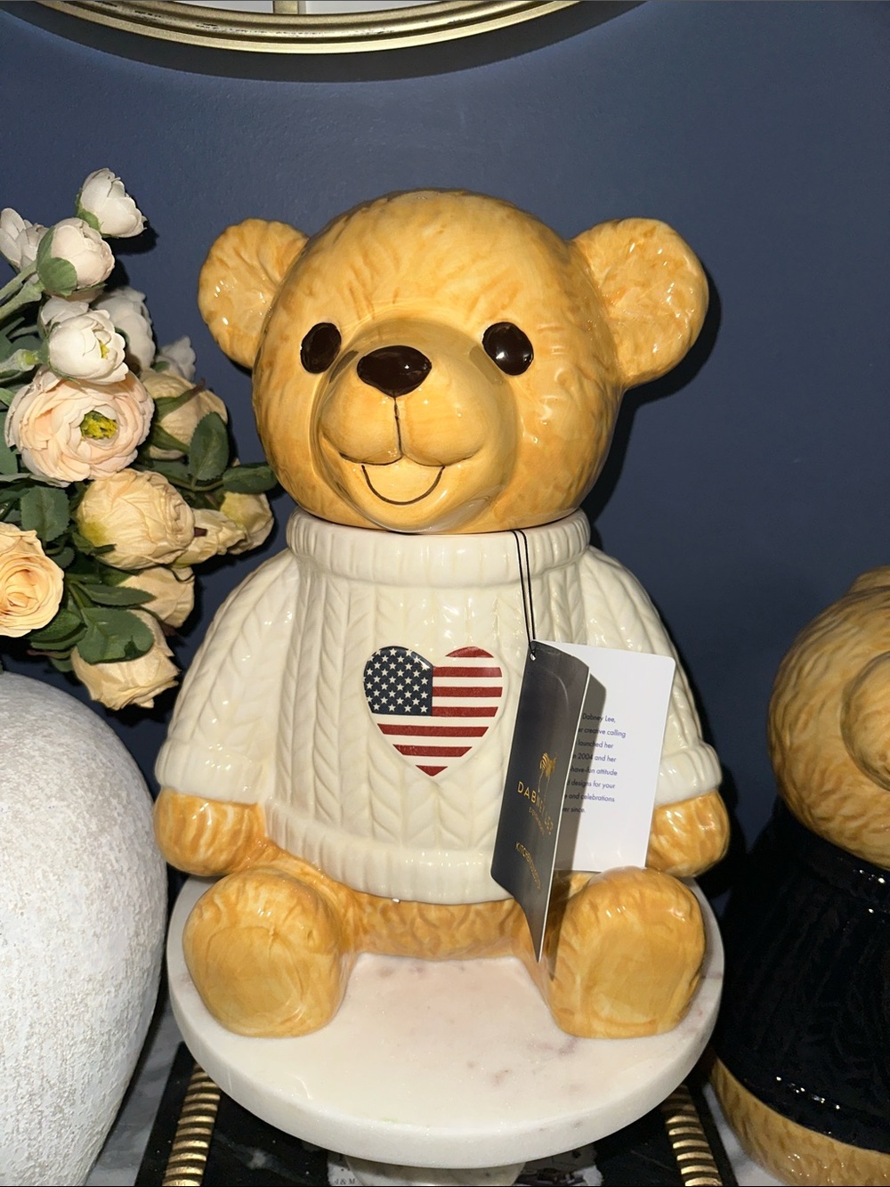 Patriotic Ceramic Teddy Bear Cookie Jar with American Heart Sweater